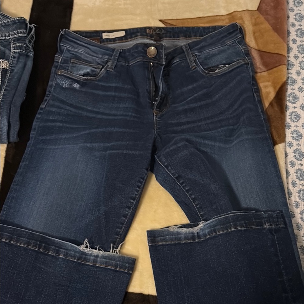 Blue Flare Wide Leg Jeans with Distressed Details